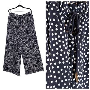 NWT Ann Taylor linen/rayon extra wide leg navy polka dot stretch waist pants L